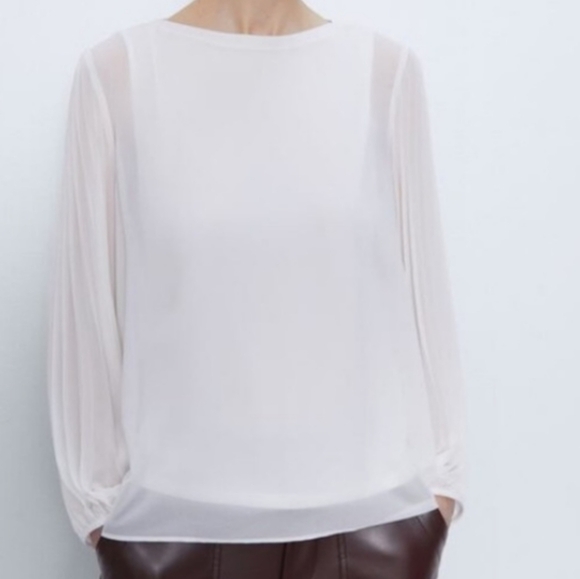 Zara White Chiffon Pleated Sleeve Blouse - Picture 1 of 4